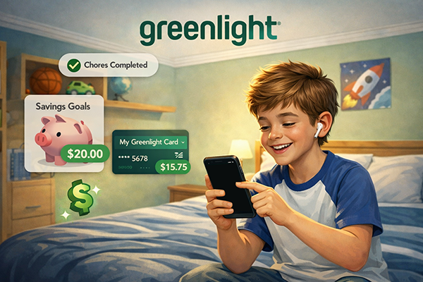 Young boy looking at savings goals on phone