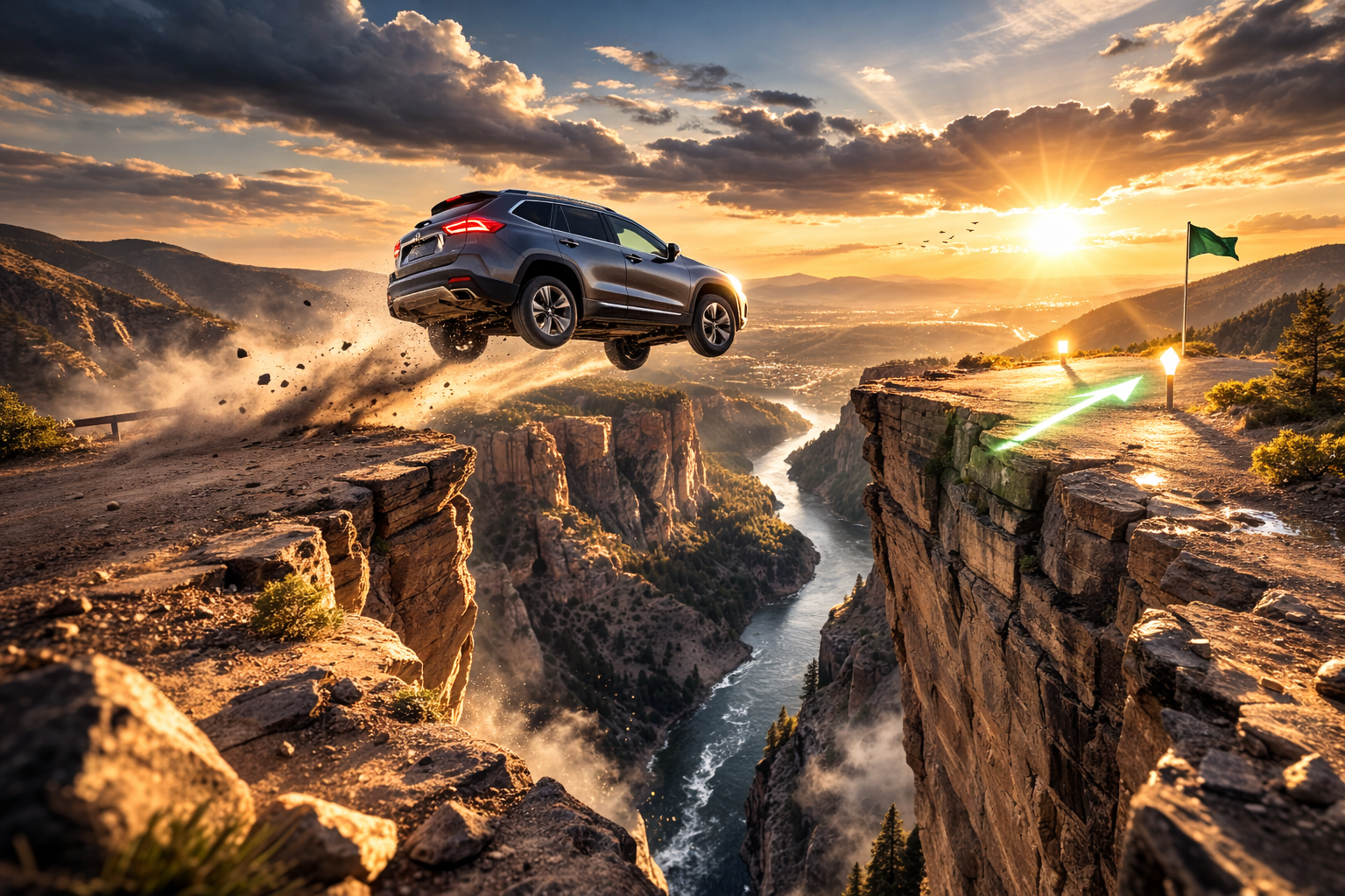 Car jumping over canyon