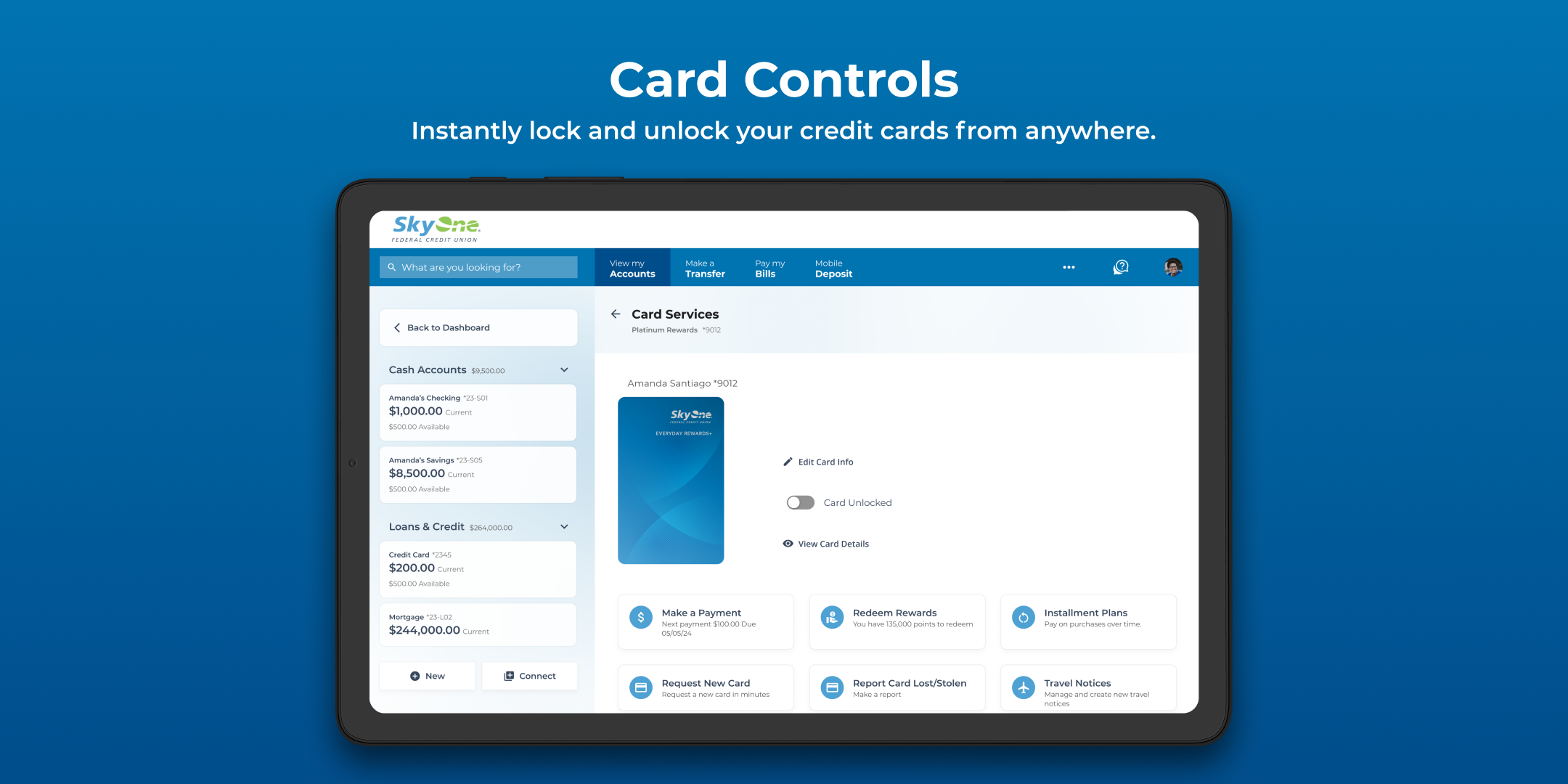 Online Banking Card Controls Screenshot