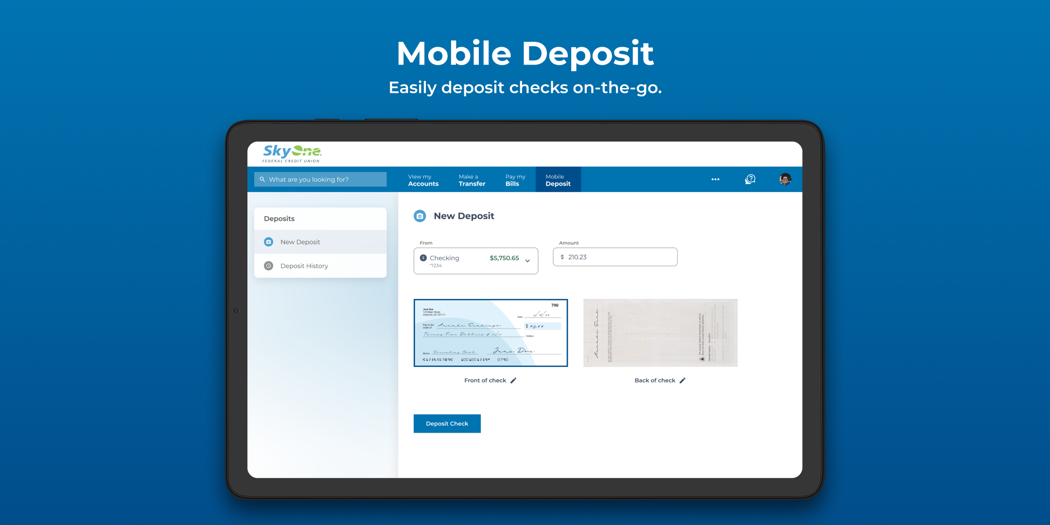 Online Banking Mobile Deposit Screenshot