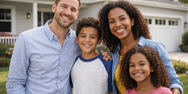 Family in front of home