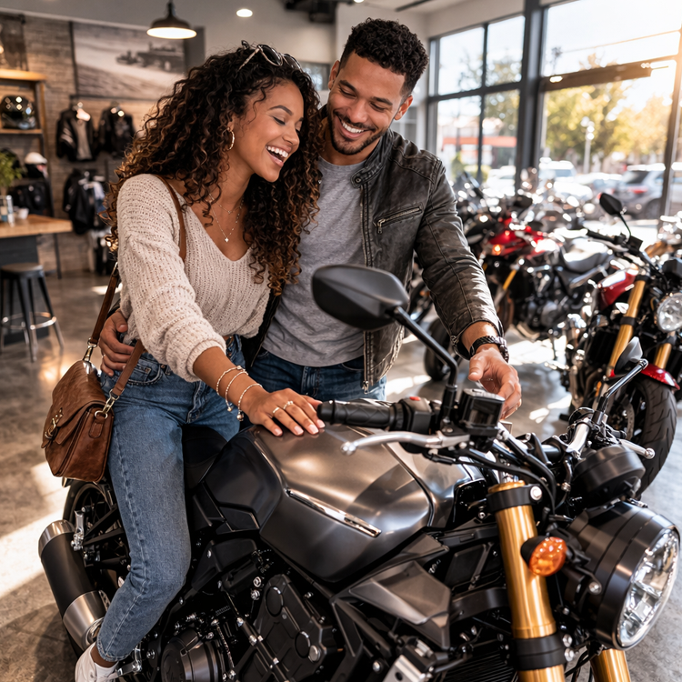 Couple looking at a new motorcycle